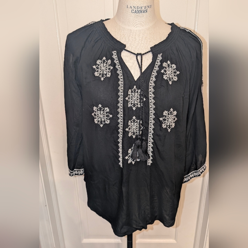 Sonoma Black Blouse with White Embroidery